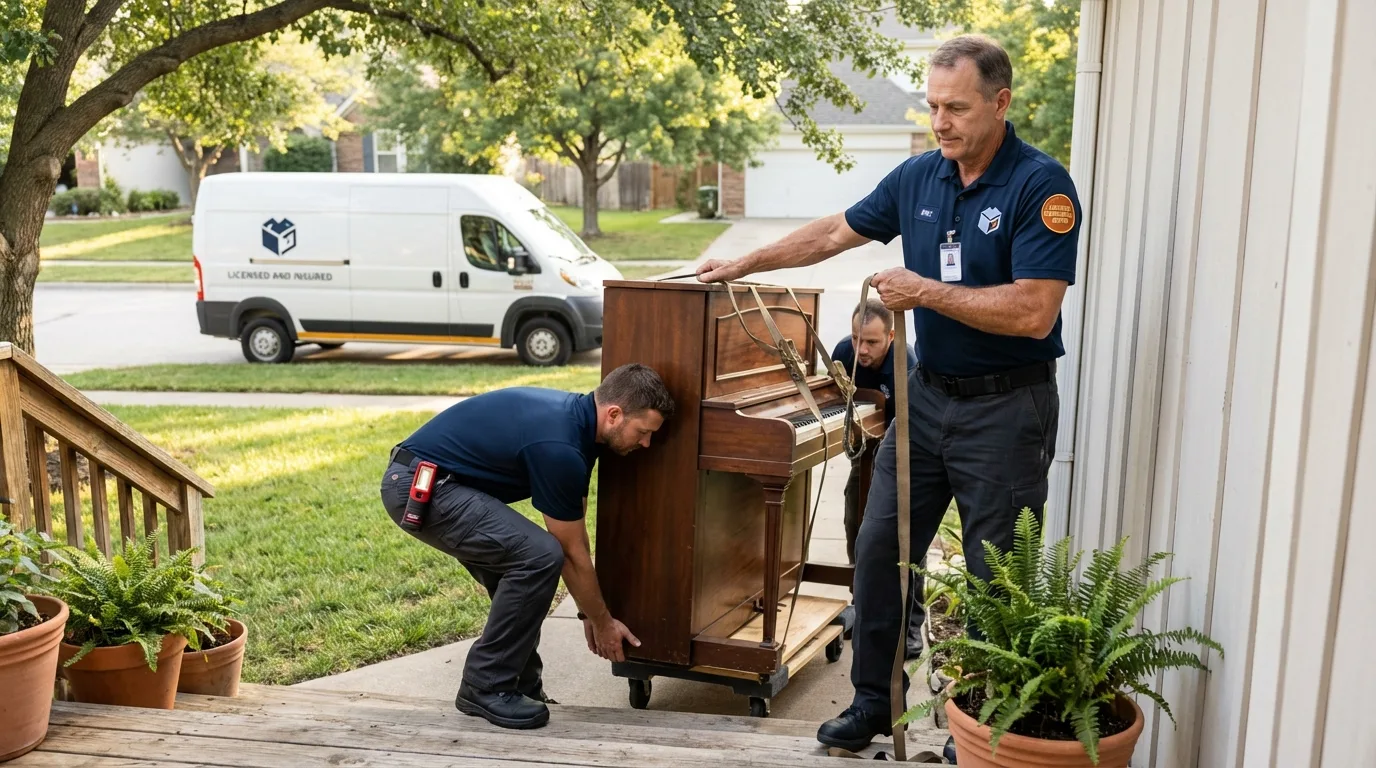 Licensed piano movers securing grand piano in Marion, IL