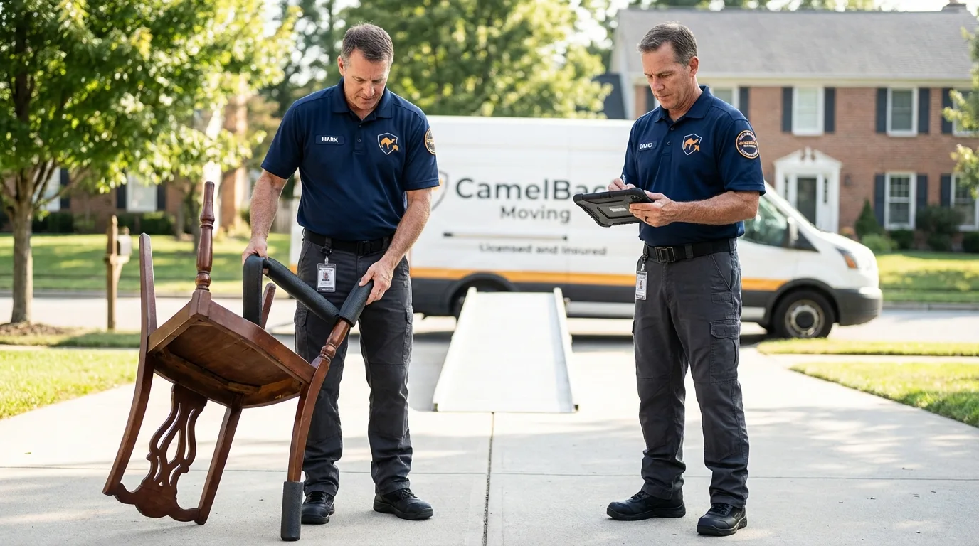 Movers inspecting furniture for damage prevention before loading in Marion, IL